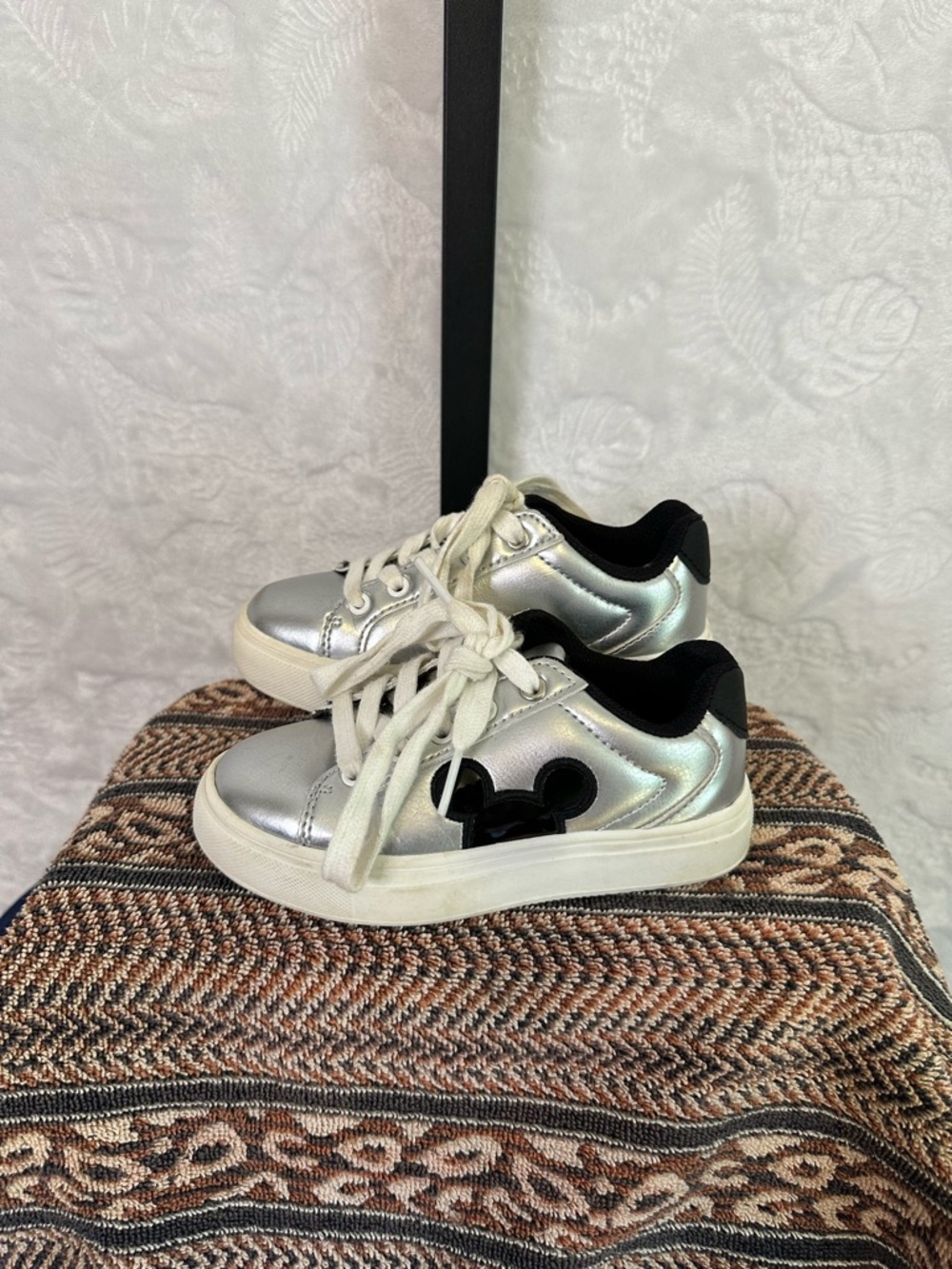Disney Iridescent Silver Kids Sneakers with Black Mickey Accent